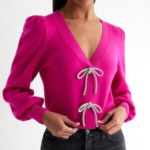 EXPRESS V-Neck Embellished Rhinestone Bow Pink CARDIGAN Size: Medium